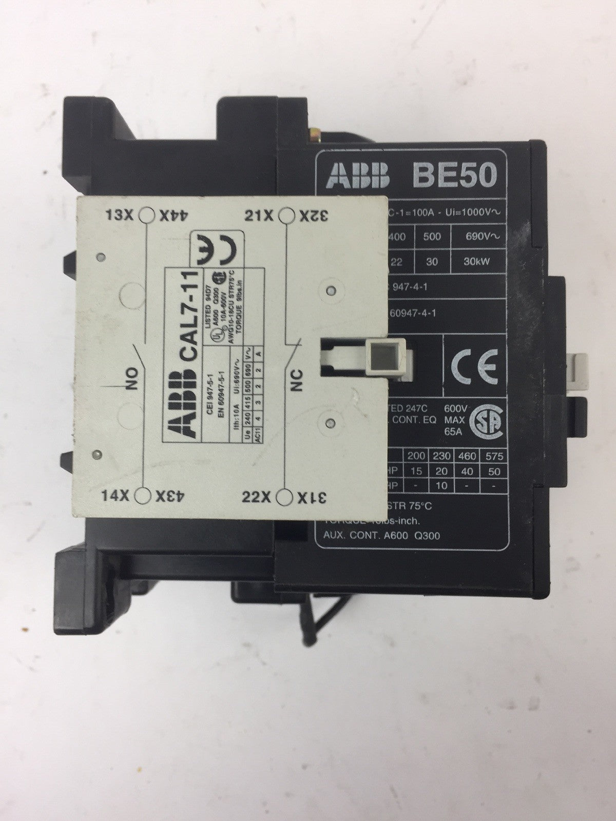ABB BE50 CONTACTOR 600V 65A 3 POLE COIL 24VDC WITH CA L7 & CD L7 AUXILIARY CONTA