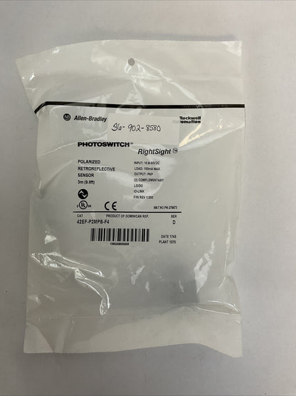 ALLEN BRADLEY 42EF-P2MPB-F4 SER D POLORIZED RETROREFLECTIVE SENSOR OUTPUT PNP