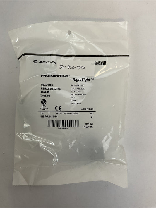 ALLEN BRADLEY 42EF-P2MPB-F4 SER D POLORIZED RETROREFLECTIVE SENSOR OUTPUT PNP