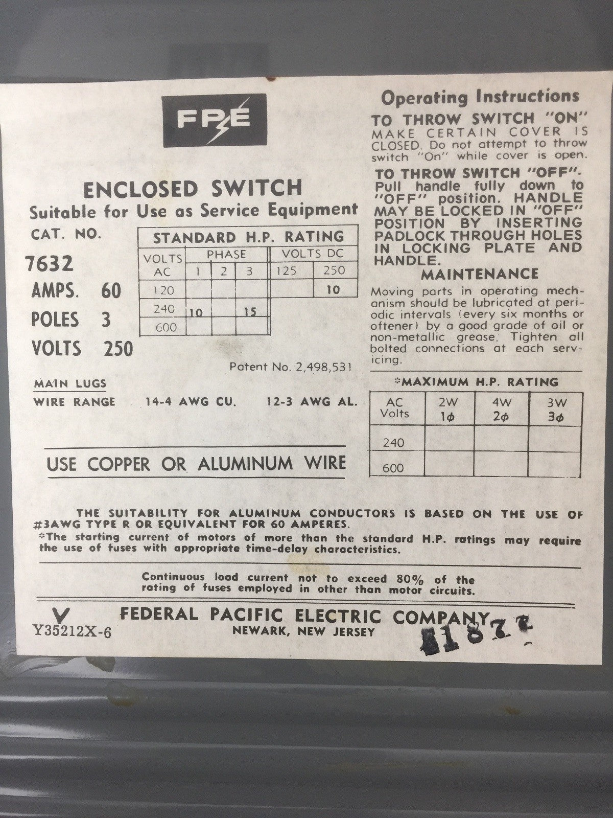 FPE 7632 TYPE LD SAFETY SWITCH 60AMP 250VDC 240VAC 3 POLE 10-15HP