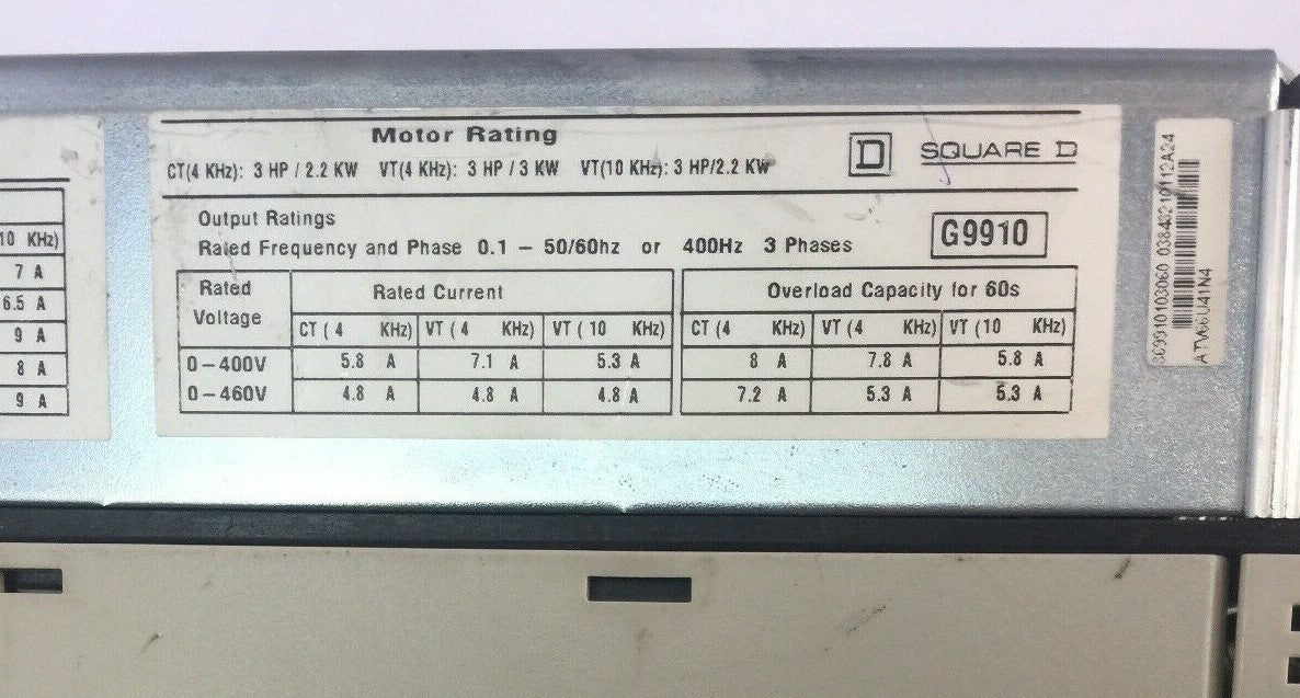 TELEMECANIQUE ATV66U41N4 VARIABLE SPEED DRIVE ALTIVAR 66 460VAC 3HP NO KEYPAD