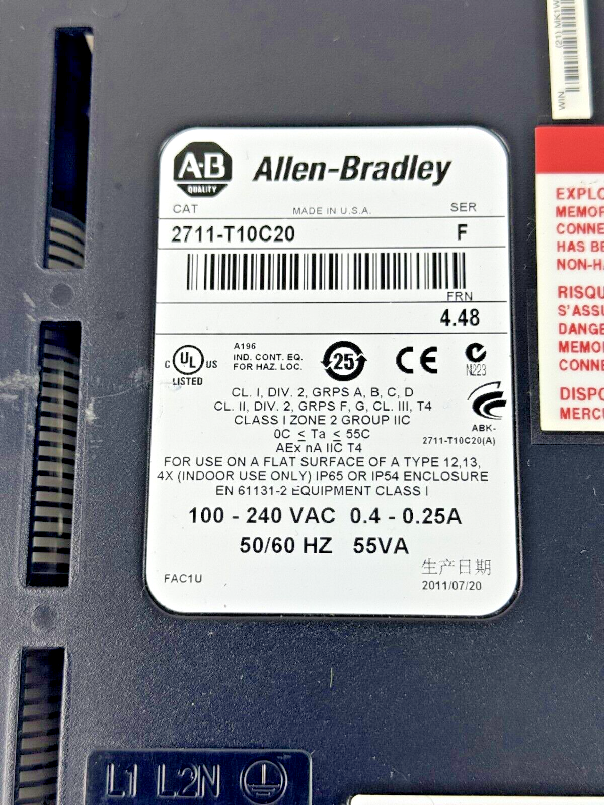 ALLEN-BRADLEY - 2711-T10C20 SER. F/ FRN 4.48 - PANELVIEW 1000 ASSEMBLED TERM