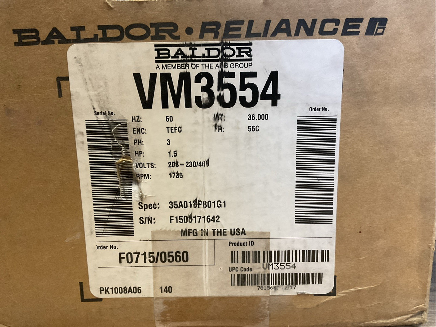 BALDOR RELIANCE VM3554 MOTOR 1735RPM 208-230/460V 1.5HP 3PH 60HZ
