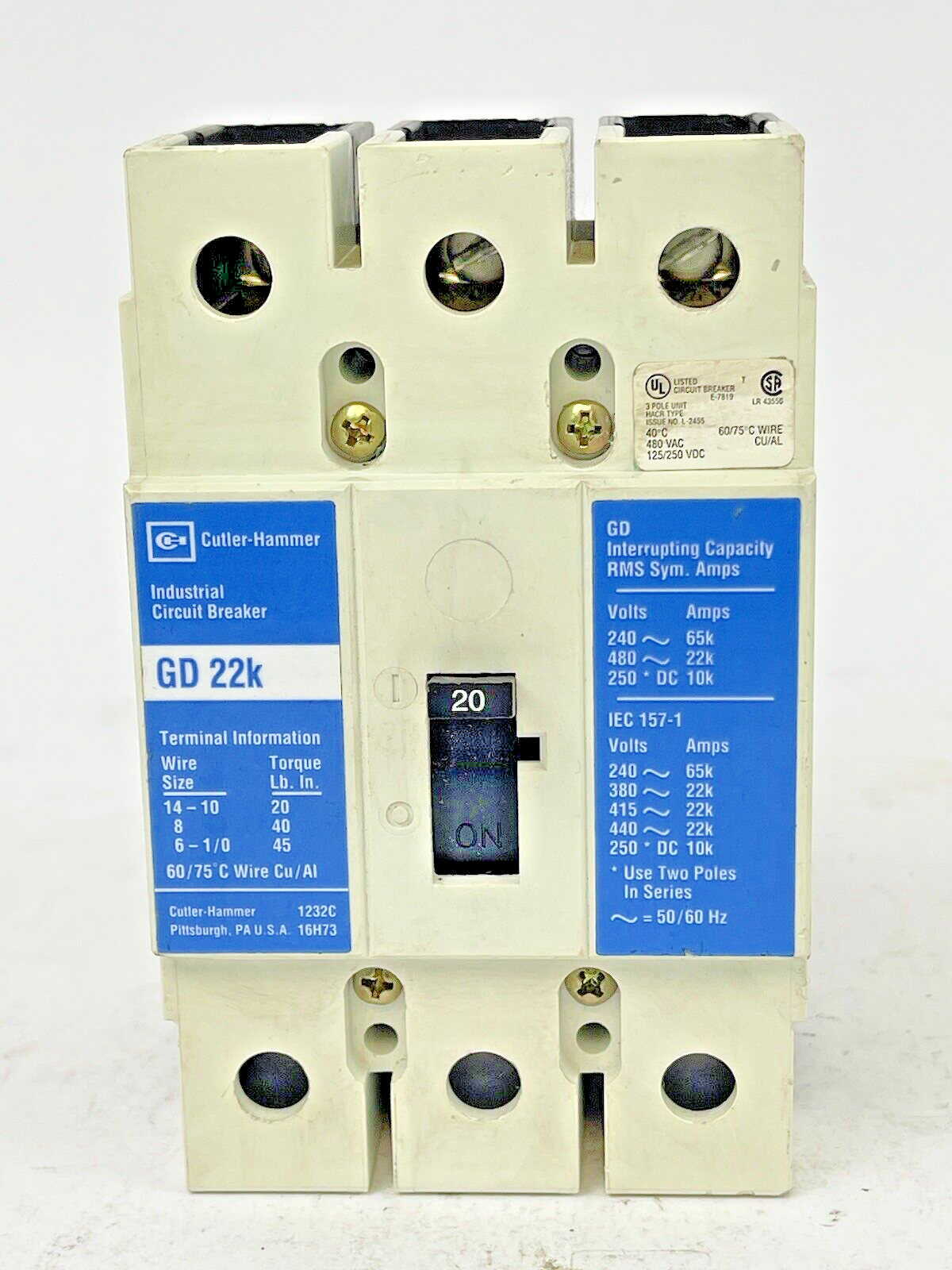 CUTLER-HAMMER - GD3020 - INDUSTRIAL CIRCUIT BREAKER - 3 POLE, 20 AMP, 480 V