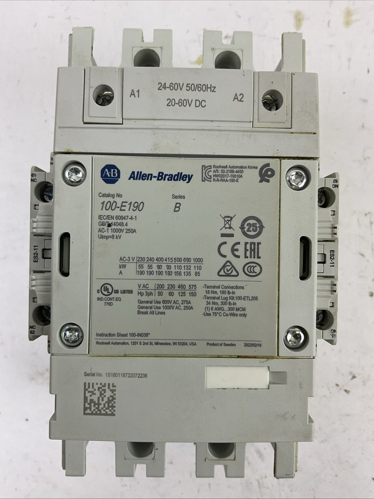 ALLEN BRADLEY 100-E190 600VAC 275A 150HP CONTACTOR 24-60V 50/60HZ 20-60VDC COIL