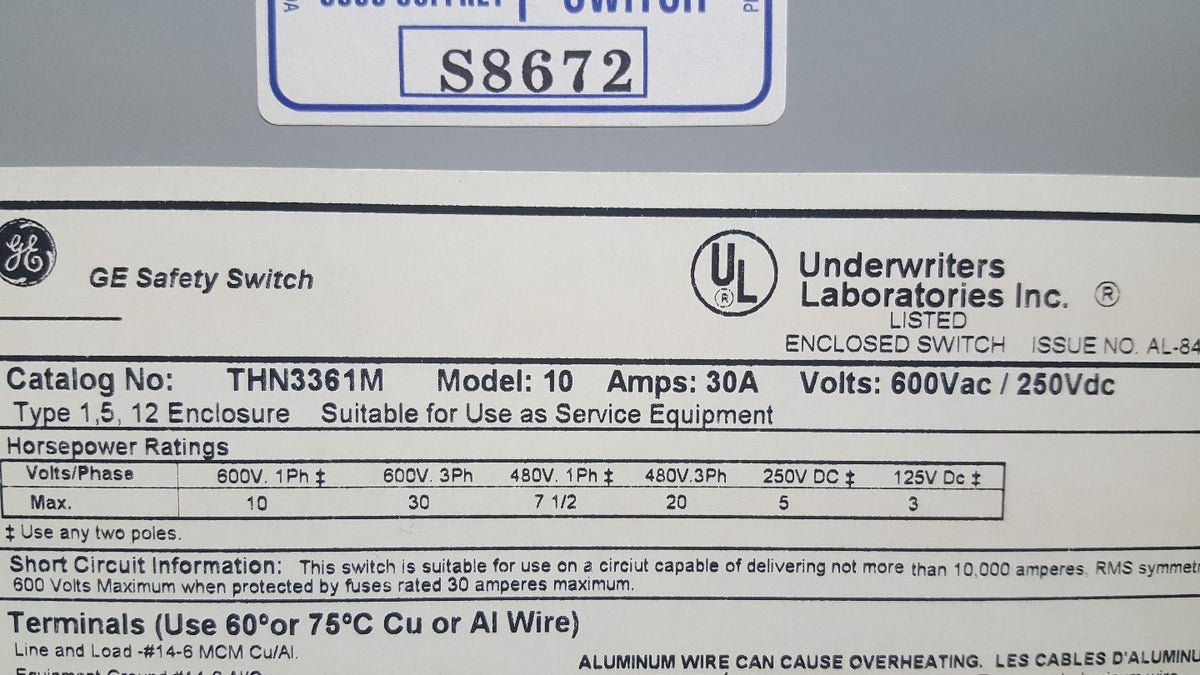 GENERAL ELECTRIC THN3361M, SAFETY SWITCH, 30A, 600VAC, 250V 1, 5, 12 ENCLOSURE