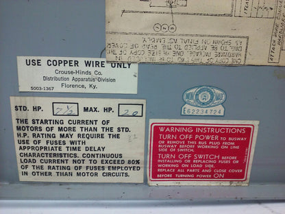 ARROW-HART BUSSWAY, 30AMP 3PH, 3W, 480V, MAX H.P. 20, FUSIBLE, DISCONNECT, USED