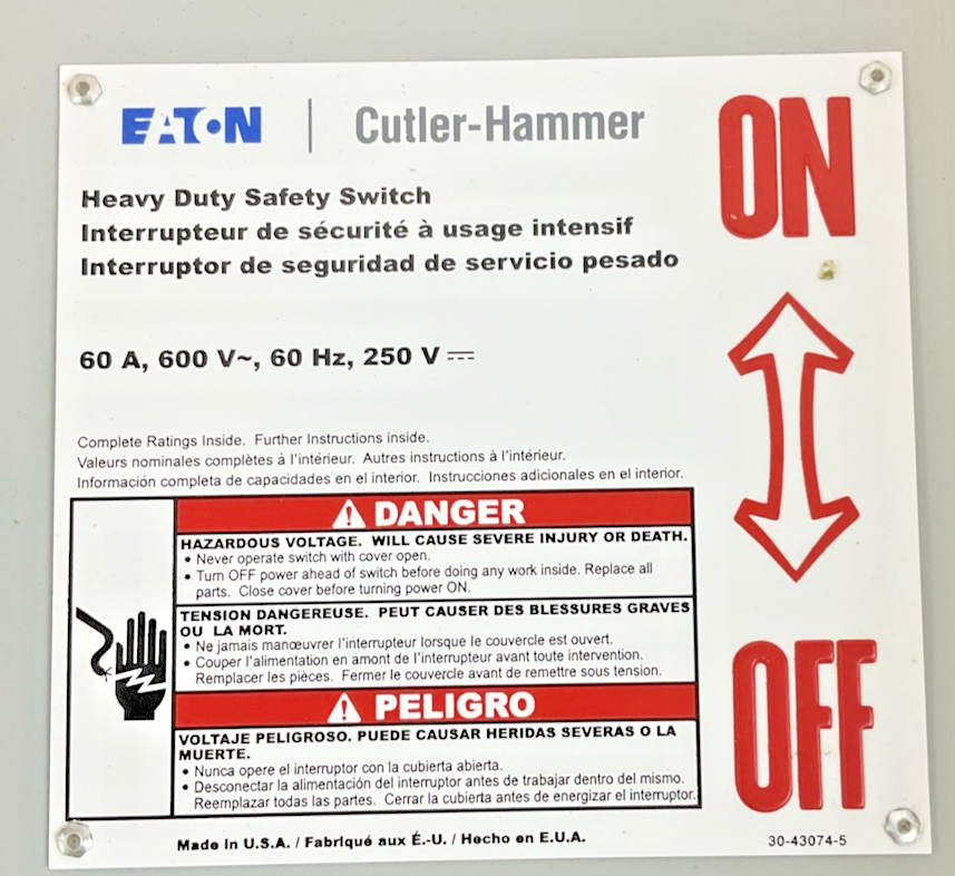 CUTLER HAMMER DH362UGK-RS HEAVY DUTY SAFETY SWITCH 60A 600V 3P NON FUSIBLE TYPE1