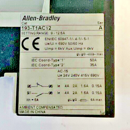 ALLEN BRADLEY 193-T1AC12 OVERLOAD RELAY SER.A 9-12.5A
