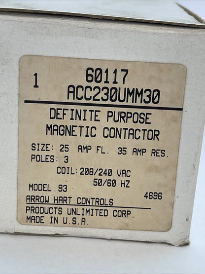 ARROW HART 60117 ACC230UMM30 DIFINITE PURPOSE MAGNETIC CONTACTOR 208/240VAC 25A