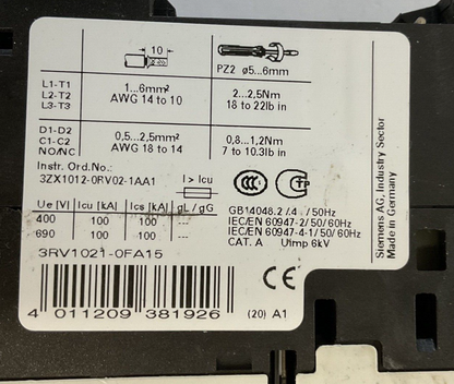 SIEMENS 3RV1021-0FA15 MOTOR STARTER 50/60HZ 600V 0.5-0.35A 6KV 6.5A ***LOTOF2***