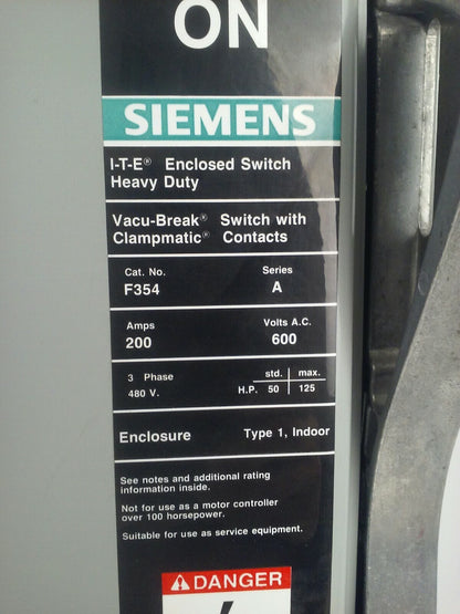 SIEMENS ITE F354 SER. A VACU-BREAK SWITCH CLAMPMATIC 3PH 200A 600V 150HP TYPE 1