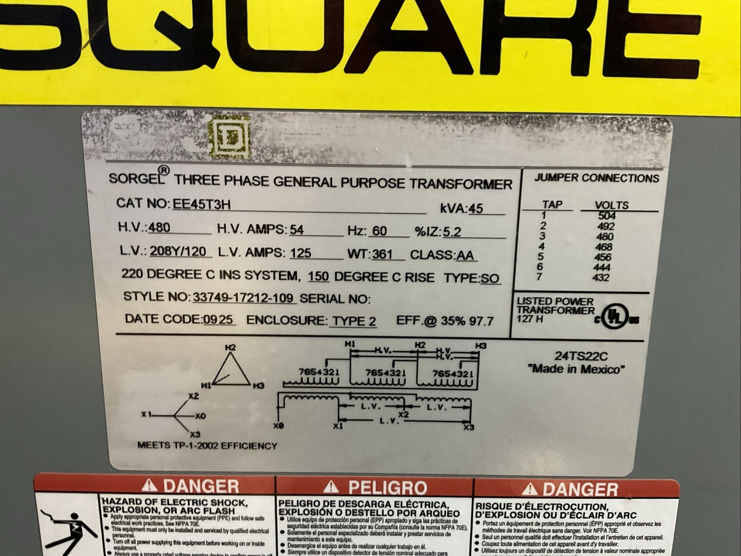 SQUARE D EE45T3H TRANSFOMER 45kVA H.V. 480 54A 60HZ L.V. 208Y/120 125A