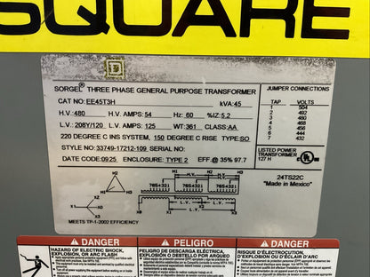 SQUARE D EE45T3H TRANSFOMER 45kVA H.V. 480 54A 60HZ L.V. 208Y/120 125A