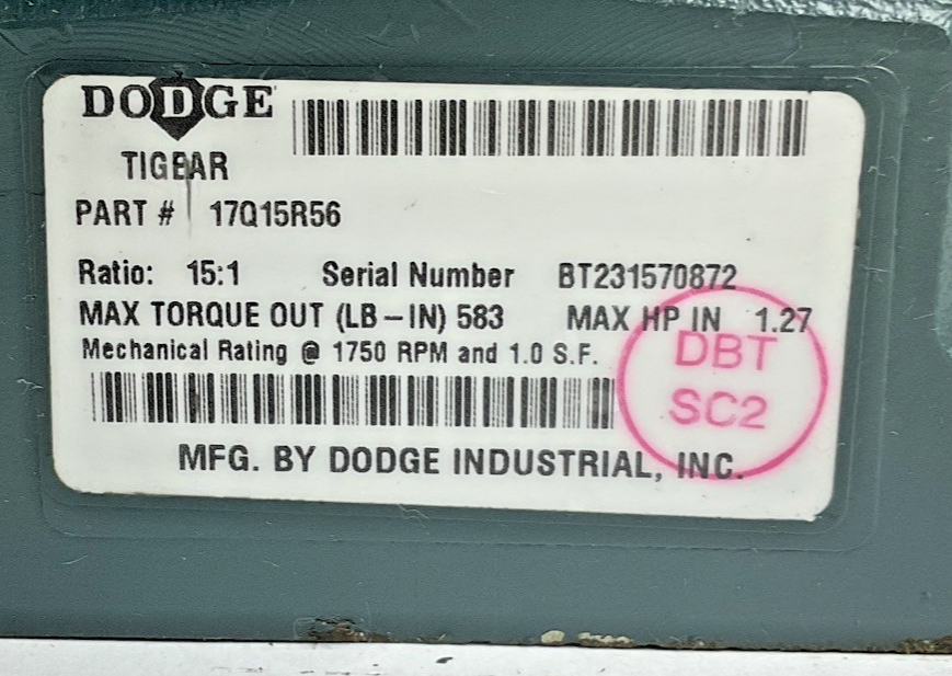 DODGE 17Q15R56 TIGEAR-2 GEAR REDUCER RATIO 15:1 1750RPM 1.27HP *HAS SHELF WEAR*