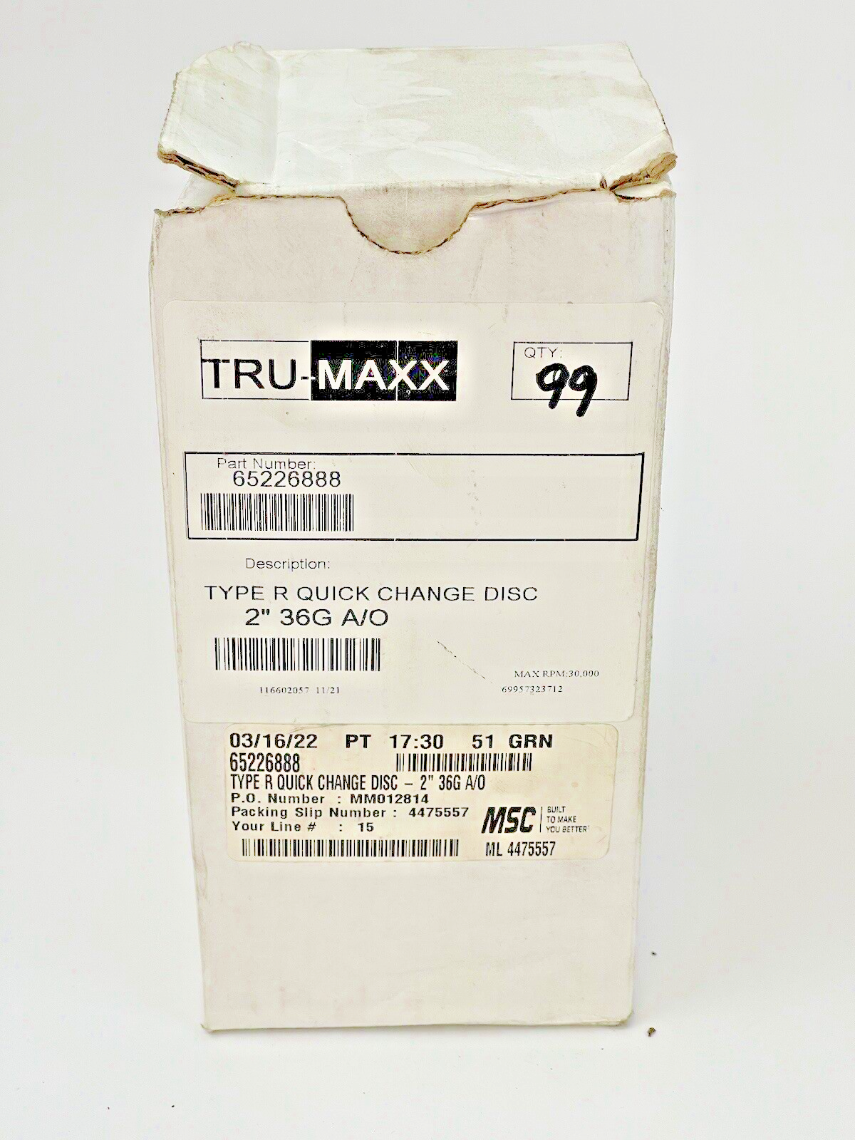 TRU-MAXX *BOX OFF 99* 65226888- TYPE R -Quick Change Disc: 2″,36 Grit,A/O,Coated