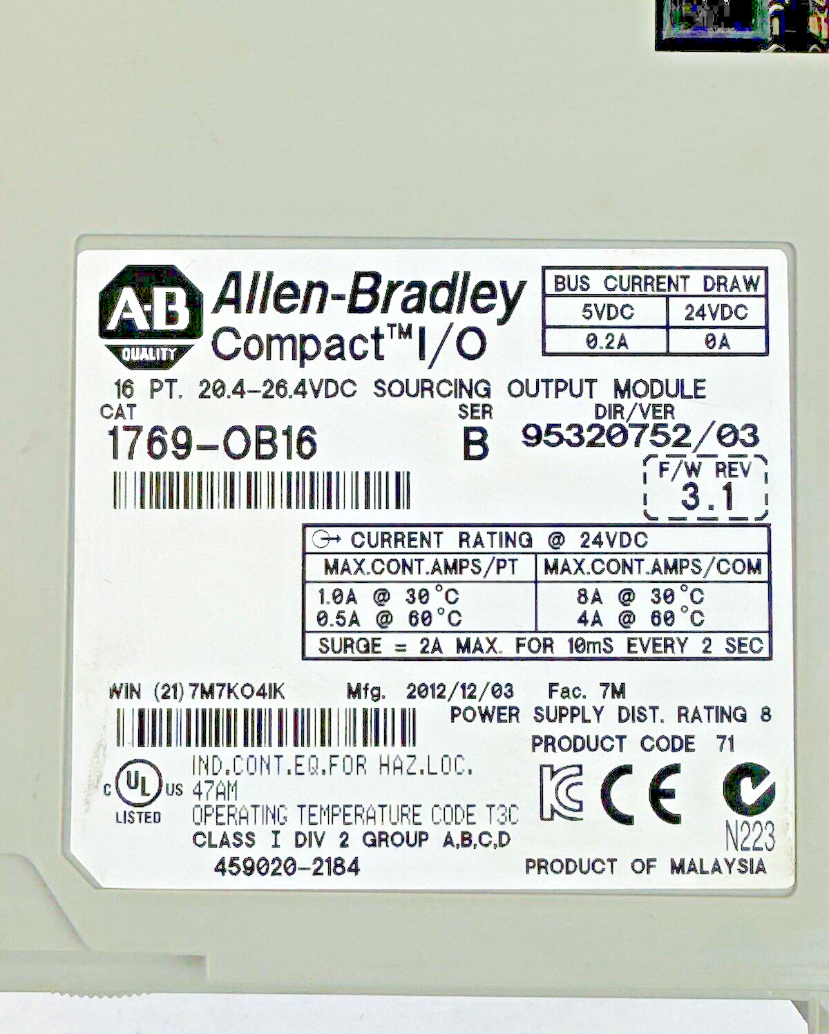 ALLEN-BRADLEY - 1769-OB16 SER. B, F/W REV 3.1 - 16 PT. - COMPACT I/O  OUTPUT MOD