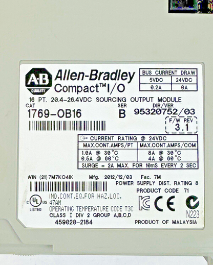 ALLEN-BRADLEY - 1769-OB16 SER. B, F/W REV 3.1 - 16 PT. - COMPACT I/O  OUTPUT MOD