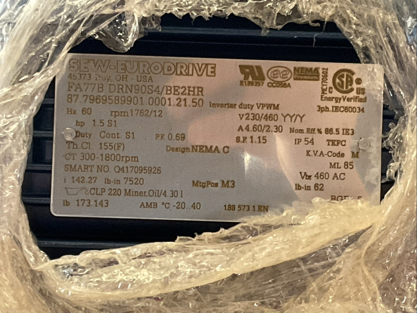 SEW-EURODRIVE FA77B DRN90S4/BE2HR GEAR MOTOR HZ 60 rpm 1762/12 V230/460 YY/Y