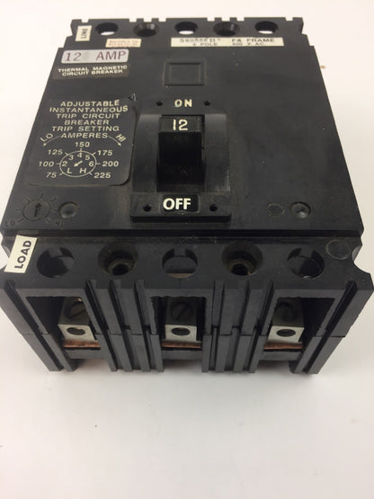 SQUARE D FAL3601212T THERMAL MAGNETIC CIRCUIT BREAKER 600 VAC 12 AMP 3 POLE