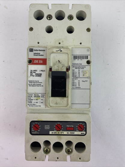 CUTLER HAMMER JDB3250C CIRCUIT BREAKER 250AMP 600VAC 3P STYLE JDB3250C JT3250T
