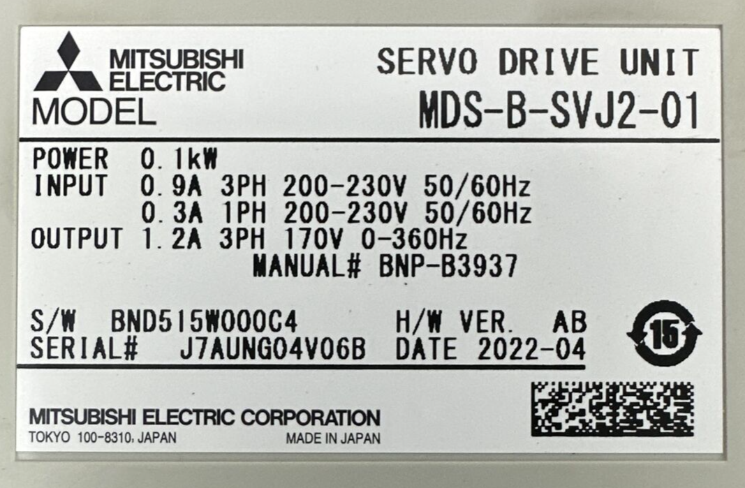 MITSUBISHI MDS-B-SVJ2-01 SERVO DRIVE UNIT OUTPUT 1.2A 3PH 170V INPUT 200-230V