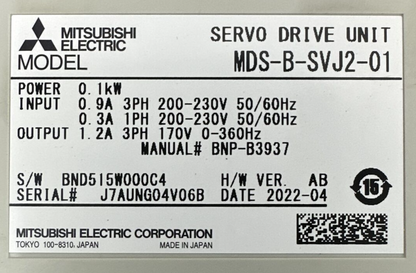 MITSUBISHI MDS-B-SVJ2-01 SERVO DRIVE UNIT OUTPUT 1.2A 3PH 170V INPUT 200-230V