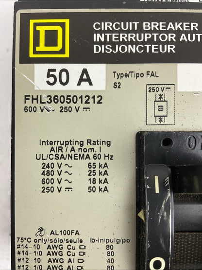 SQUARE D FAL360501212 50A 600VAC 250VDC 3POLE CIRCUIT BREAKER