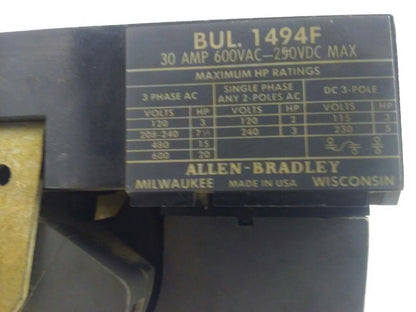 ALLEN BRADLEY BUL. 1494F FUSIBLE SWITCH BLOCK, 3PH, 3P, 30A, 600VAC/250VDC, 20HP