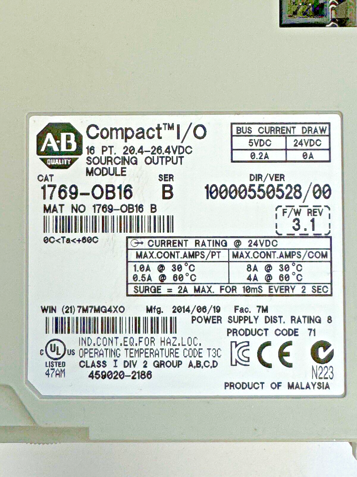ALLEN-BRADLEY - 1769-OB16 SER. B, F/W REV 3.1, DIR/VER 10000550528/03 - 16 PT. *