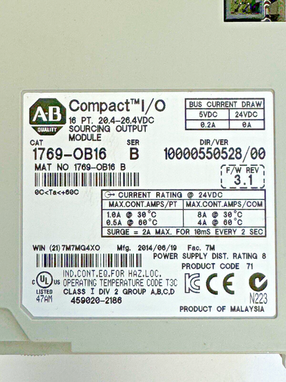 ALLEN-BRADLEY - 1769-OB16 SER. B, F/W REV 3.1, DIR/VER 10000550528/03 - 16 PT. *