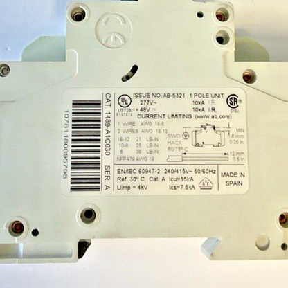 ALLEN BRADLEY 1489-A1C030 CIRCUIT BREAKER SER.A W/ 1489-ABH12 SER.A