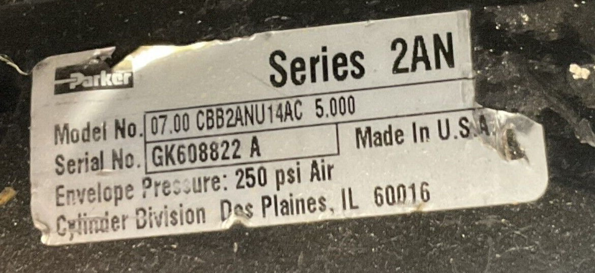 PARKER PNEUMATIC AIR CYLINDER 07.00 CBB2ANU14C 5.000 250PSI AIR
