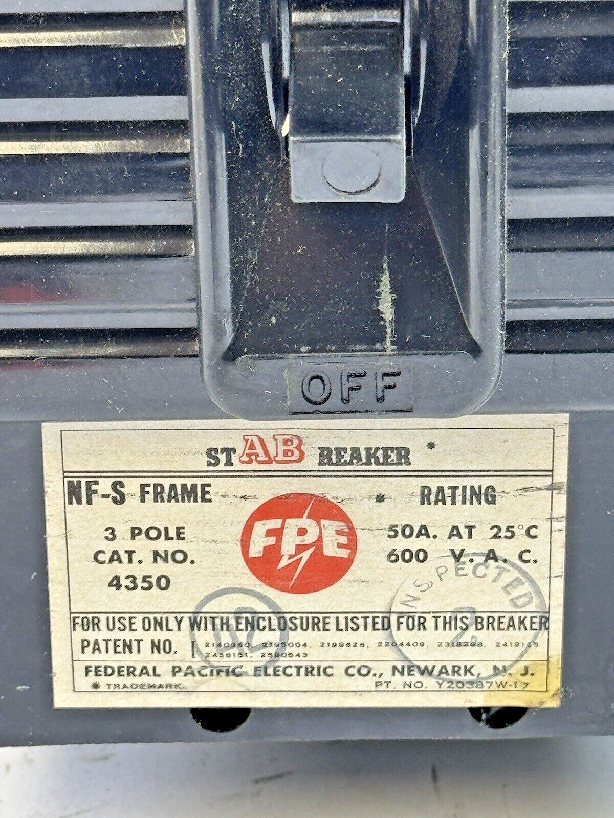 FPE FEDERAL PACIFIC - 4350- STAB CIRCUIT BREAKER - 3 POLE, 600 VAC, 50 A -NEW