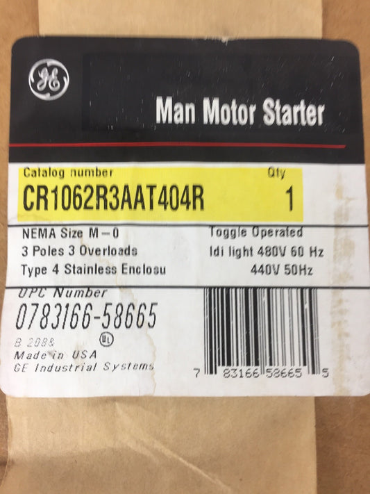 GE CR1062R3AAT404R MAN MOTOR STARTER SIZE M0 3 POLES 3 OVERLOAD TYPE 4 480V 60HZ