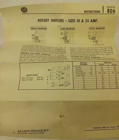 ALLEN BRADLEY 806-A13 SER. A, ROTARY PILOT SWITCH,1P 3 THROW WITH OFF POSITION,