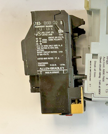 ALLEN BRADLEY 100-C09*10 CONTACTOR SER A 600VAC 9A W/ 193-BSB 22 RELAY 15-23A