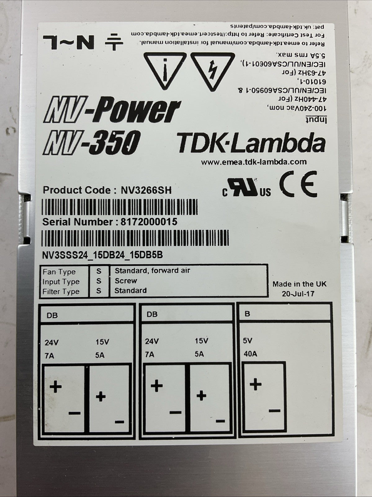 TDK-Lambda NV3266SH POWER SUPPLY NV-POWER NV-350 INPUT 100-240VAC