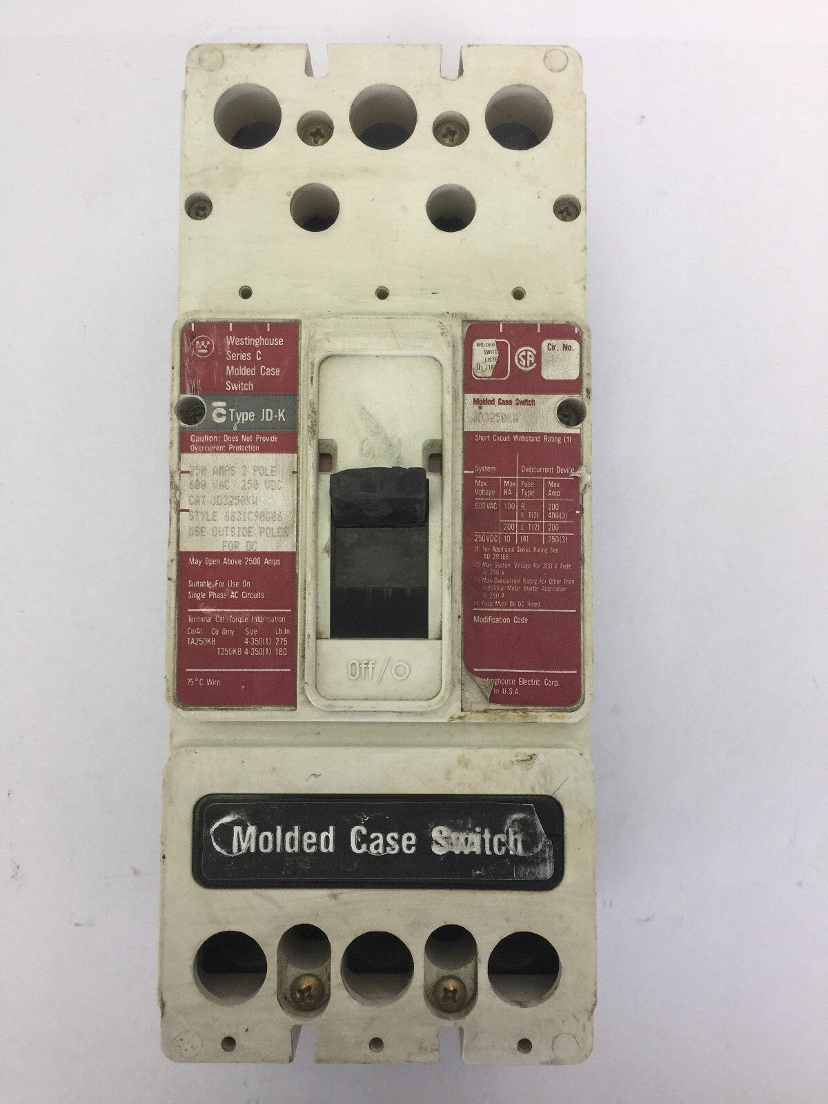 WESTINGHOUSE JD3250KW MOLDED CASE SWITCH SER C 250AMP 600VAC 250VDC 3 POLE