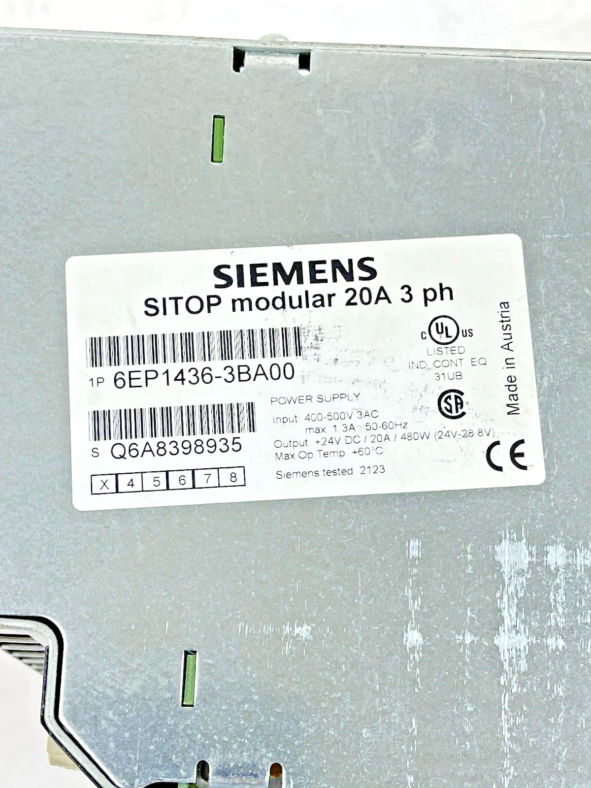 SIEMENS - 6EP1436-3BA00 - SITOP POWER SUPPLY - DC 24V/ 20A - 3AC 400V-500V