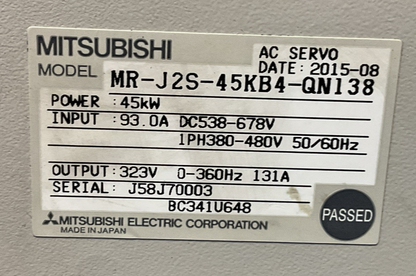 MITSUBISHI MR-J2S-45KB4-Q138 AC SERVO DRIVE OUTPUT 323V 131A INPUT 538-678VDC