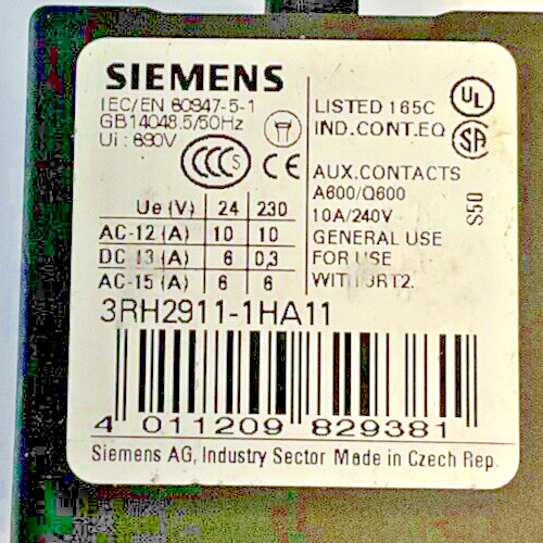 SIEMENS 3RH2911-1HA11 AUXILIARY SWITCH BLOCK 10A 240V