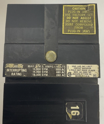 SQUARE D FA 26020 AB CIRCUIT BREAKER SER.1 600VAC 250VDC 2POLE