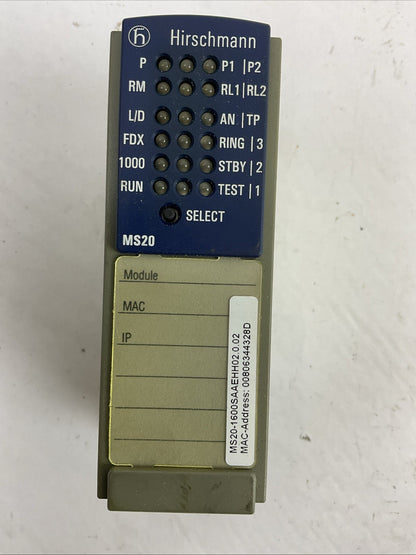 HIRSCHMANN MS20-1600SAAEHH02.0.02 ETHERNET SWITCH MICE SWITCHING MODLULE