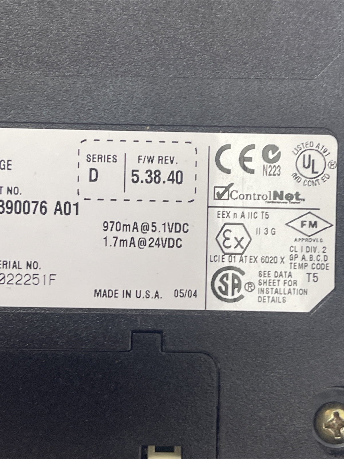 ALLEN BRADLEY 1756-CNB SER D F/W REV 5.38.40 CAT REV L01 CONTROL NET COMMUNICATI