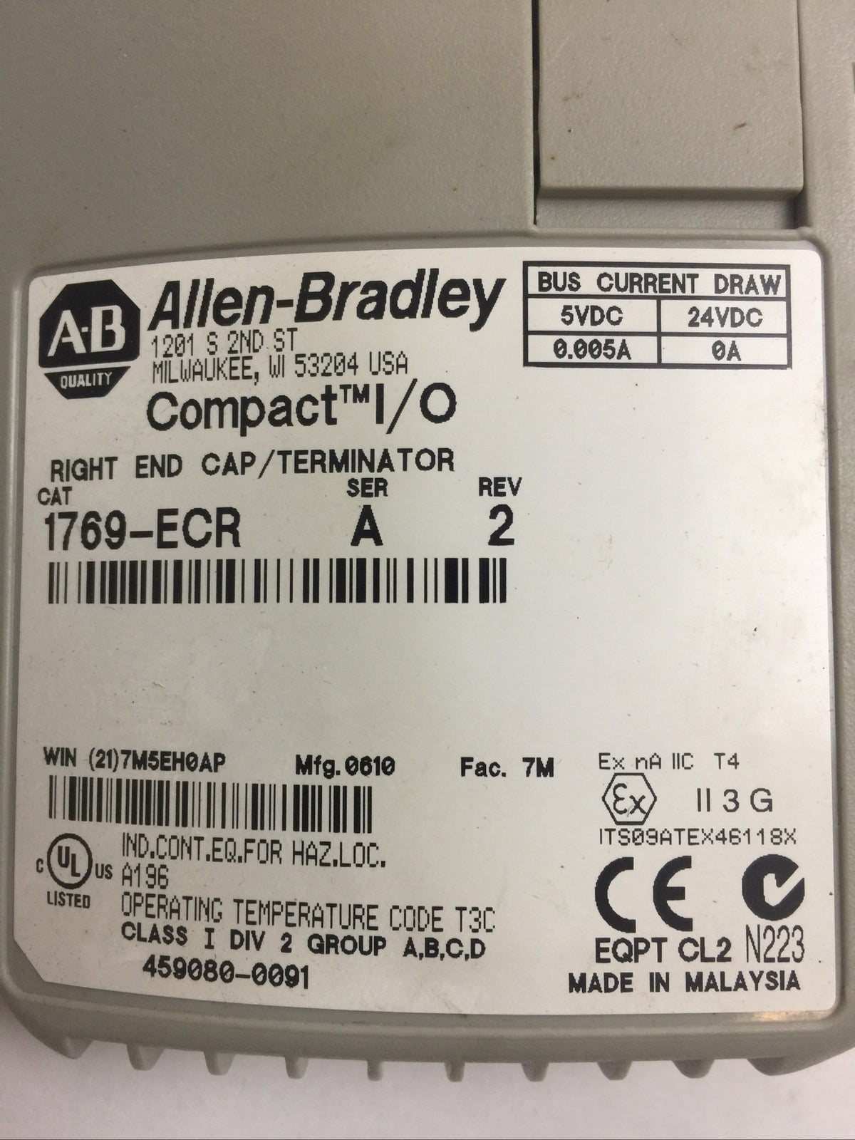 ALLEN BRADLEY 1769-ECR I/O RIGHT END CAP/TERMINATOR SER A REV 2 24VDC