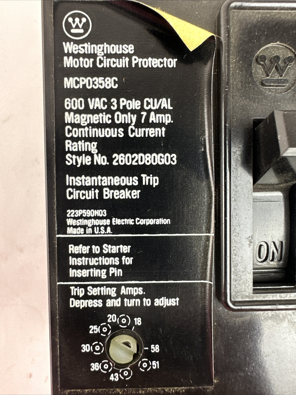 WESTINGHOUSE MCP0358C MOTOR CIRCUIT PROTECTOR 3P 7A 600VAC TRIP RANGE 18-58
