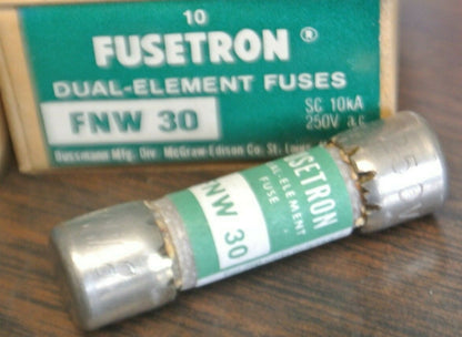 BOX of 10 / BUSS FNW30 FUSETRON FUSES / 30A / 250VAC