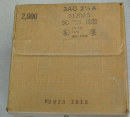 SEALED BOX of 2,000 LITTELFUSE / TRACOR 3AG 2-1/2A FUSE / 31202.5 / 10A @ 250VAC