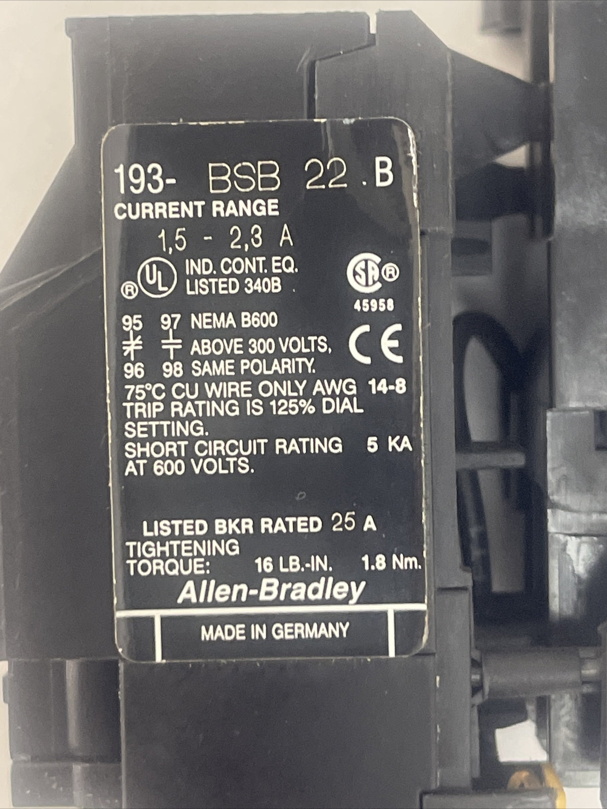 ALLEN BRADLEY STARTER 100-A12ND3 SER B 600VAC 12A 10HP COIL 120V 60HZ 193-BSB 22